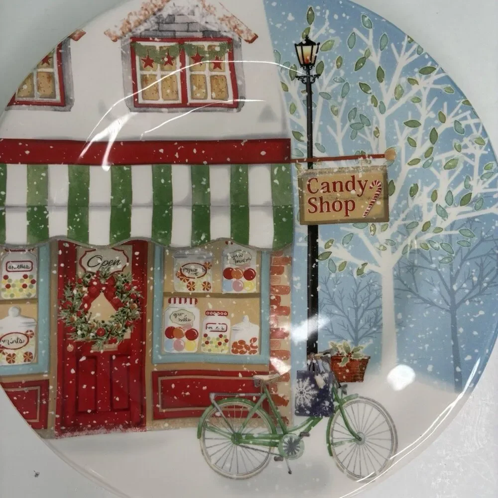 Pier 1 Xmas Village Scenes Ironstone Salad Plates Pet Store & Candy Store 2 Pc